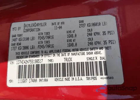 2005 Dodge Dakota Slt z USA, uszkodzony, nr VIN 1D7HE42N75S198517